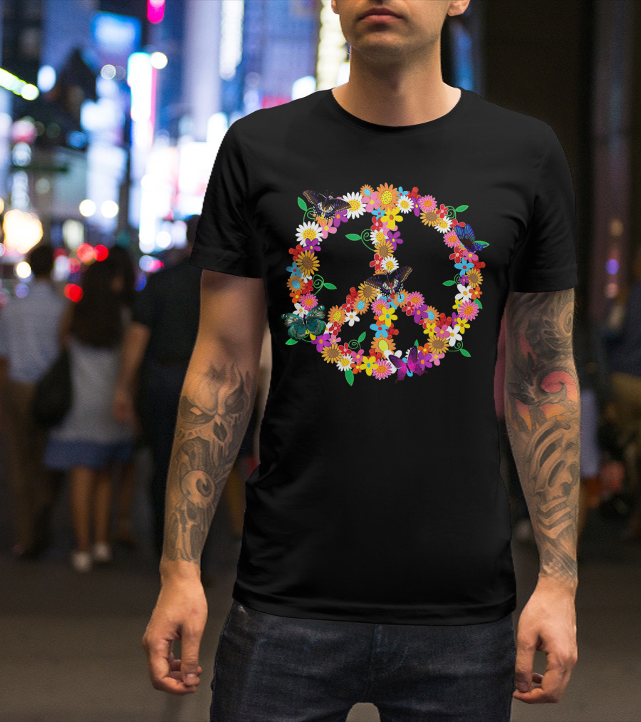 Fluttering Spring Flowers Peace Sign T-Shirt