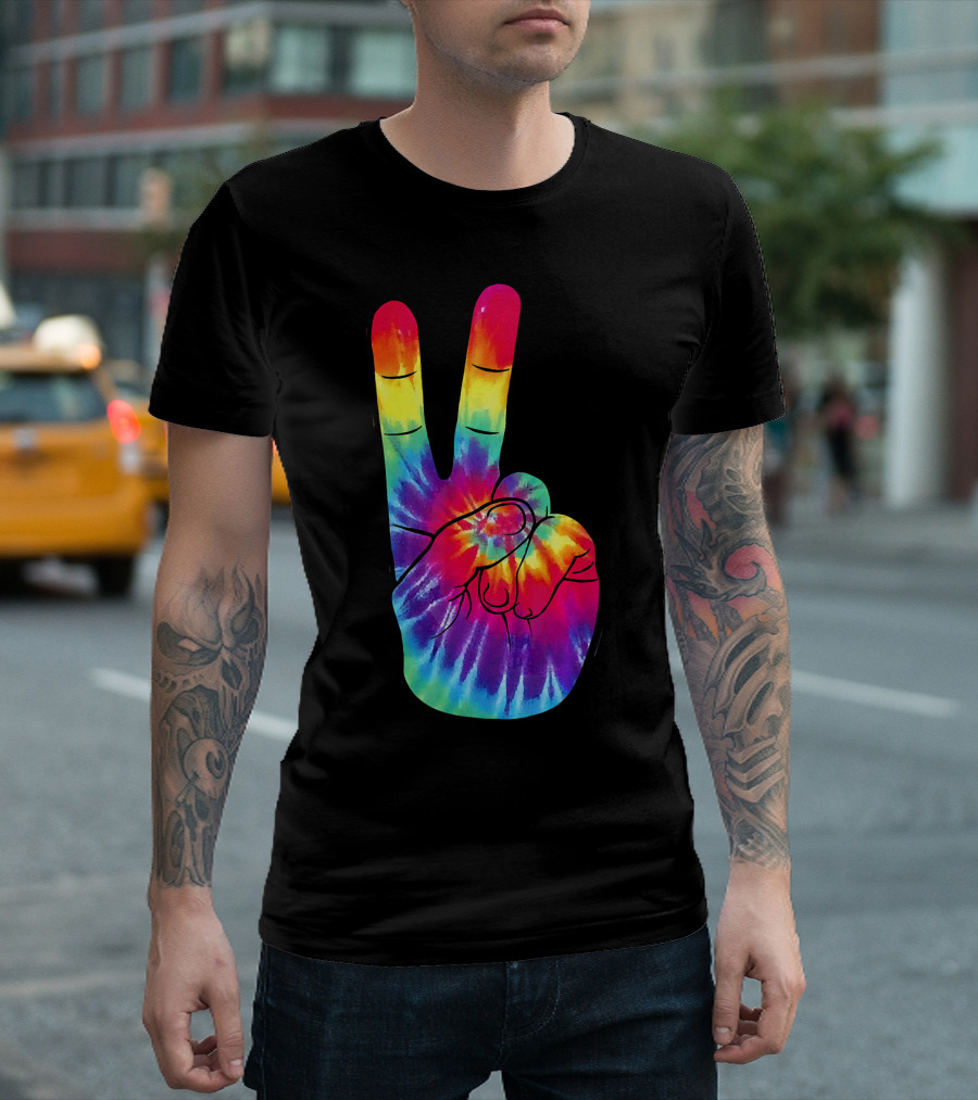 Tie Dye Peace Sign Hand Gesture Rainbow Victory T-Shirt