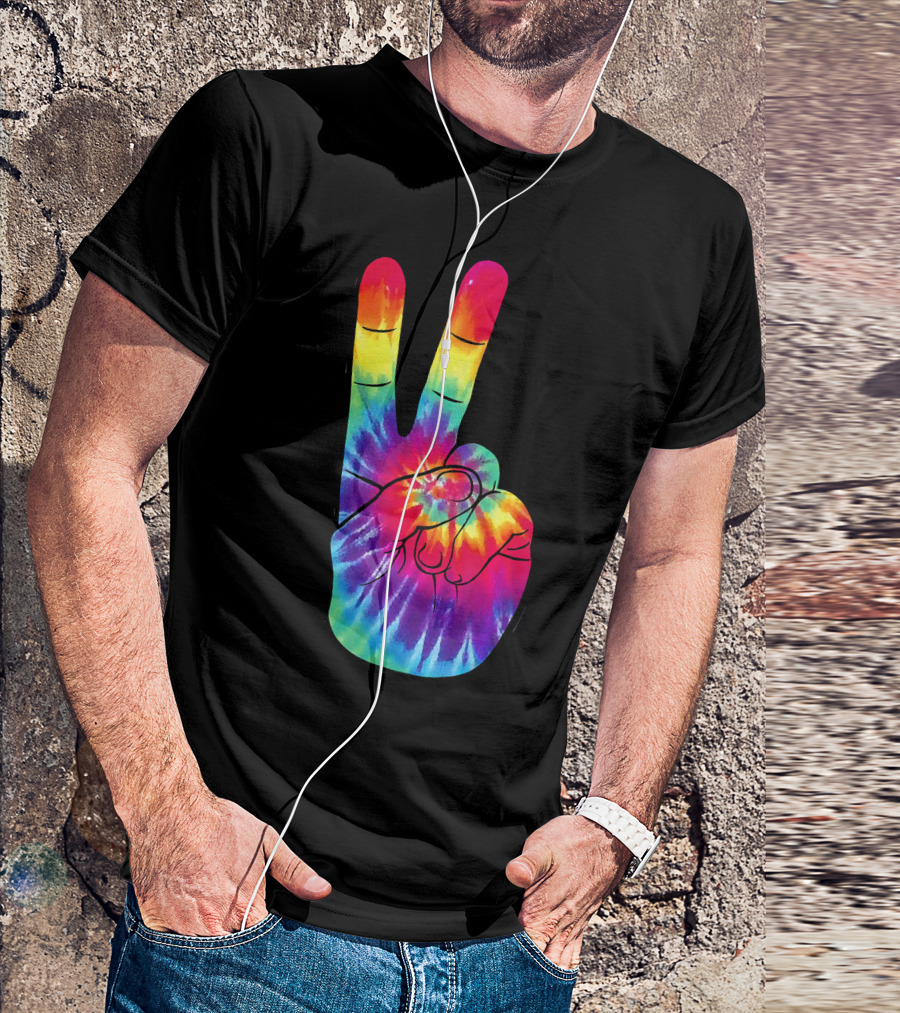 Tie Dye Peace Sign Hand Gesture Rainbow Victory T-Shirt