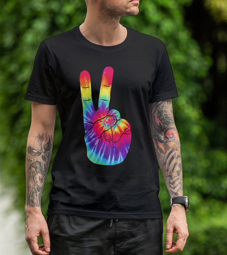Tie Dye Peace Sign Hand Gesture Rainbow Victory T-Shirt