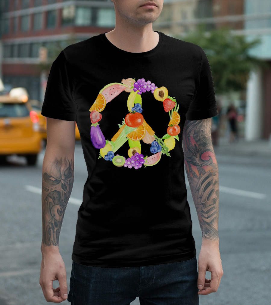 Vegan Fruits Vegetables Peace Sign Watermelon Orange Strawberry Eggplant Banana Kiwi T-Shirt