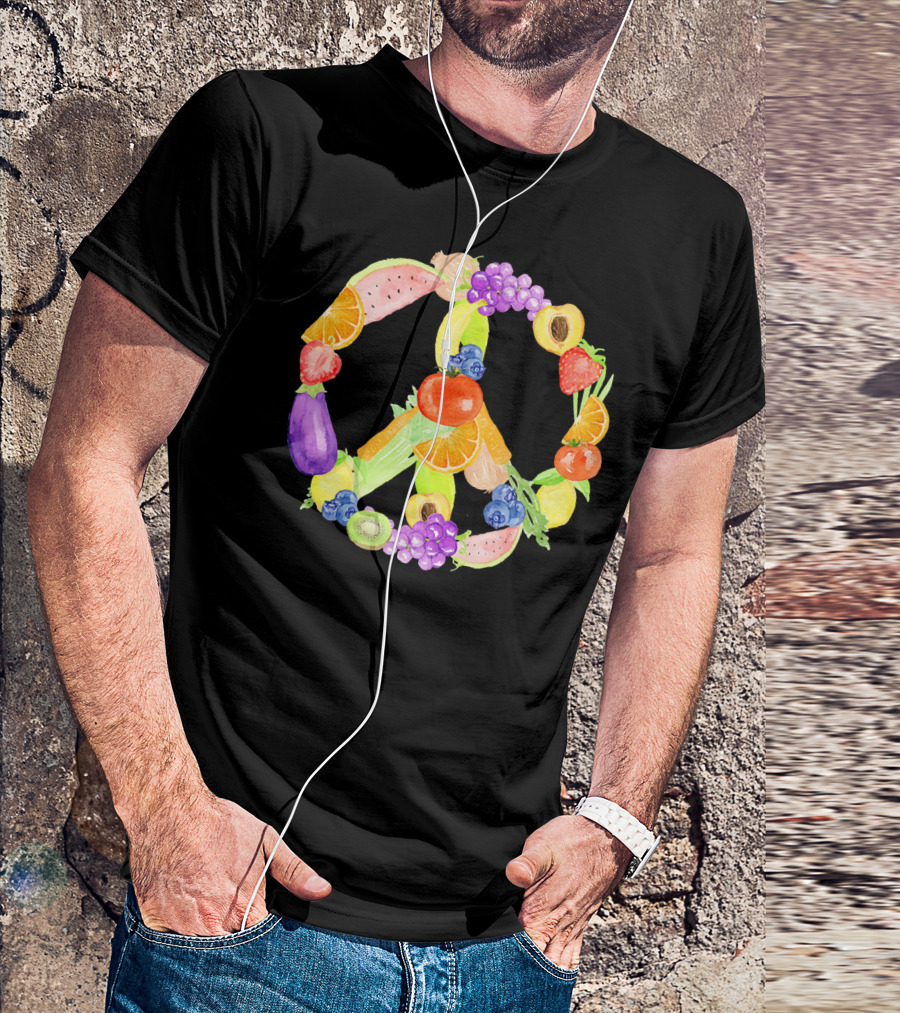Vegan Fruits Vegetables Peace Sign Watermelon Orange Strawberry Eggplant Banana Kiwi T-Shirt