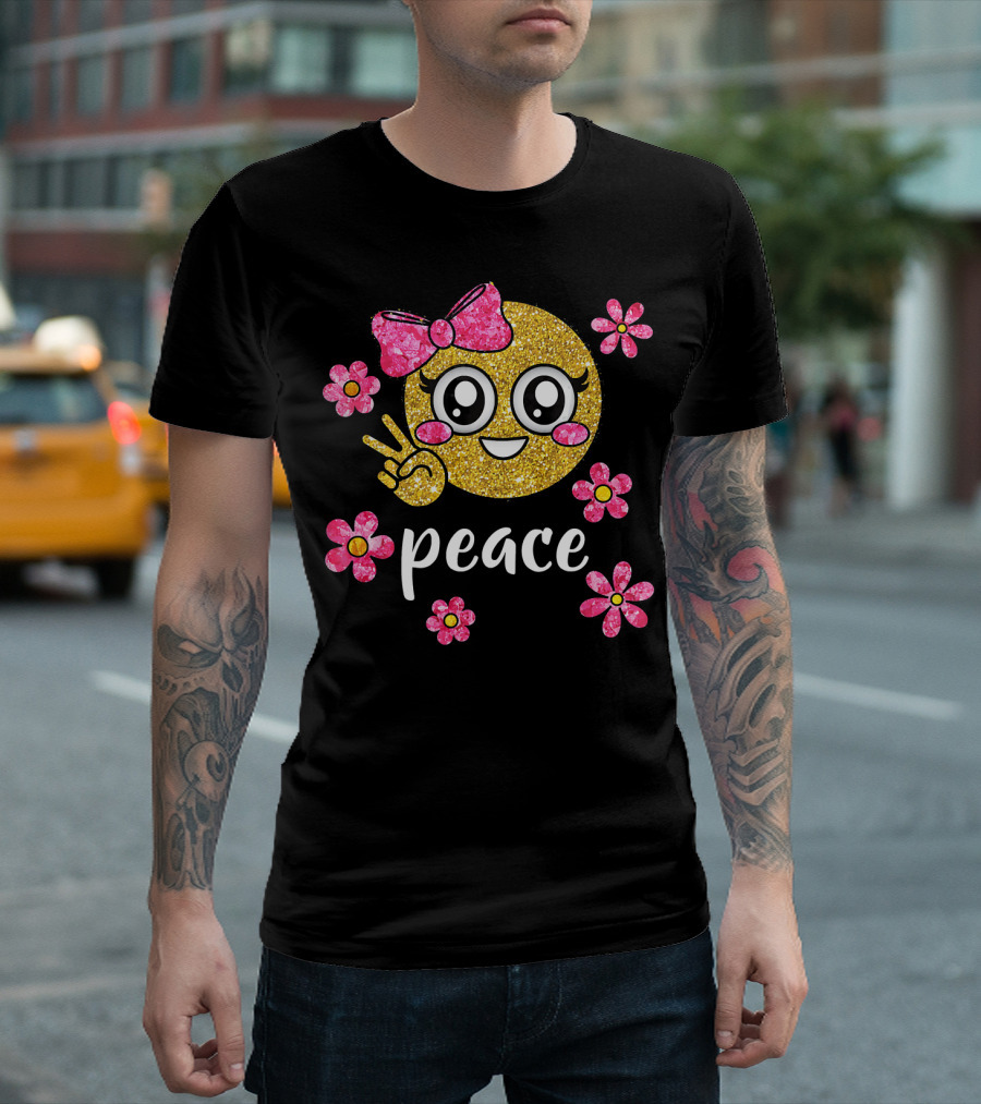 Cute Kawaii Emoji Glitter Peace Sign with Pink Flowers T-Shirt