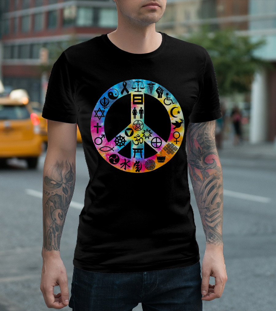 Human Rights Peace Symbol Tie Dye with Diverse Religious and Cultural Icons T-Shirt