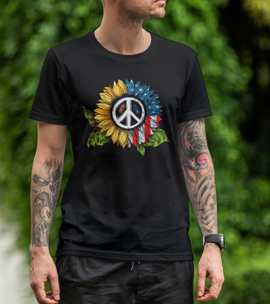 Sunflower Peace Sign American Flag T-Shirt