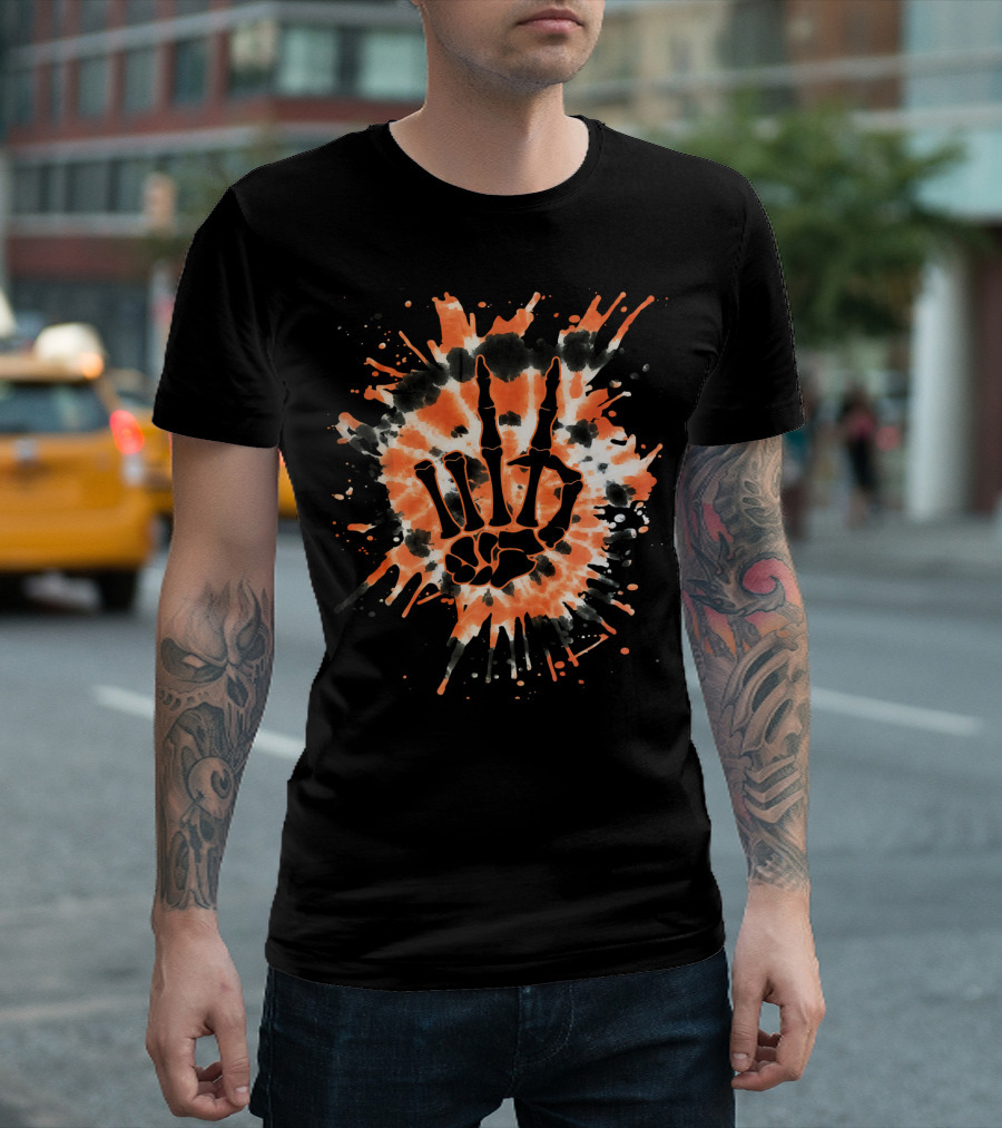 Orange Tie Dye Skeleton Hand Peace Sign T-Shirt