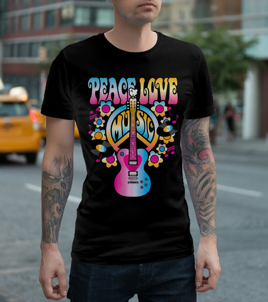 PEACE LOVE MUSIC Retro Rock And Roll Guitar Groovy 60s Style With Flowers And Peace T-Shirt