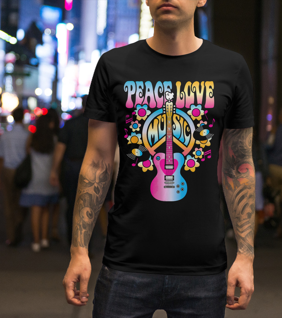 PEACE LOVE MUSIC Retro Rock And Roll Guitar Groovy 60s Style With Flowers And Peace T-Shirt