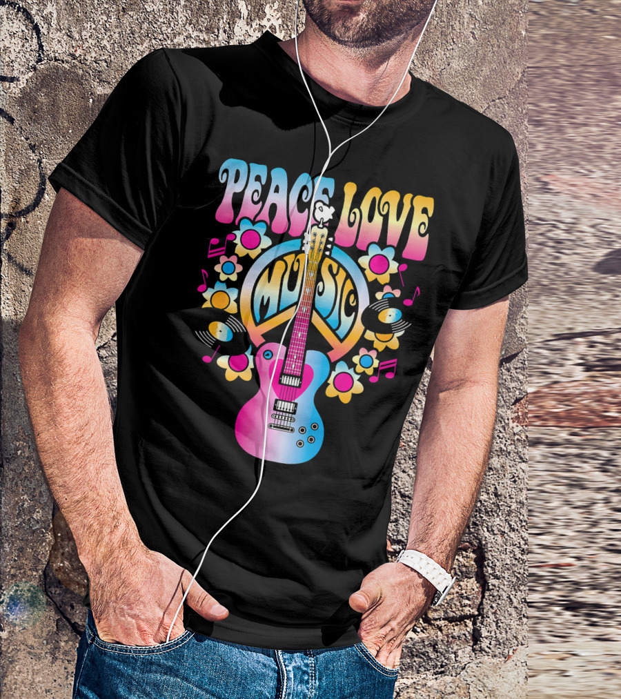 PEACE LOVE MUSIC Retro Rock And Roll Guitar Groovy 60s Style With Flowers And Peace T-Shirt
