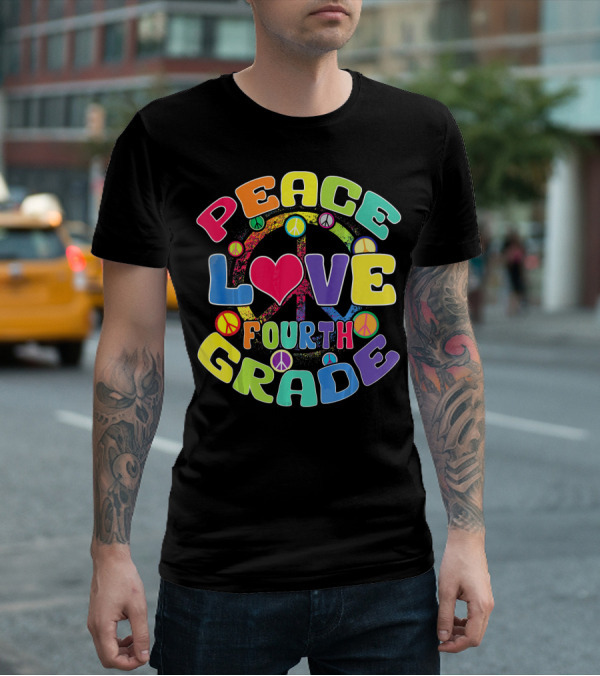 Peace Love Fourth Grade Back To School Groovy Rainbow Peace Signs T-Shirt