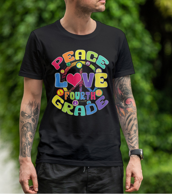 Peace Love Fourth Grade Back To School Groovy Rainbow Peace Signs T-Shirt
