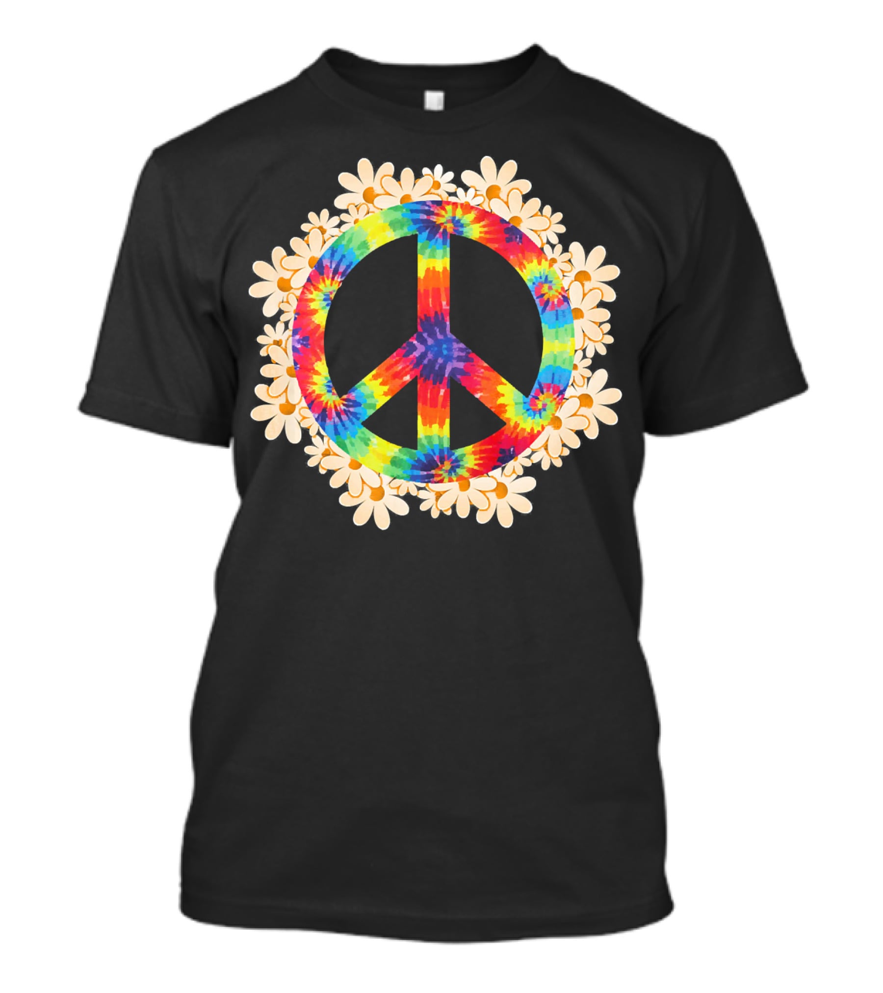 Rainbow Tie-Dye Peace Sign With Daisy Border T-Shirt