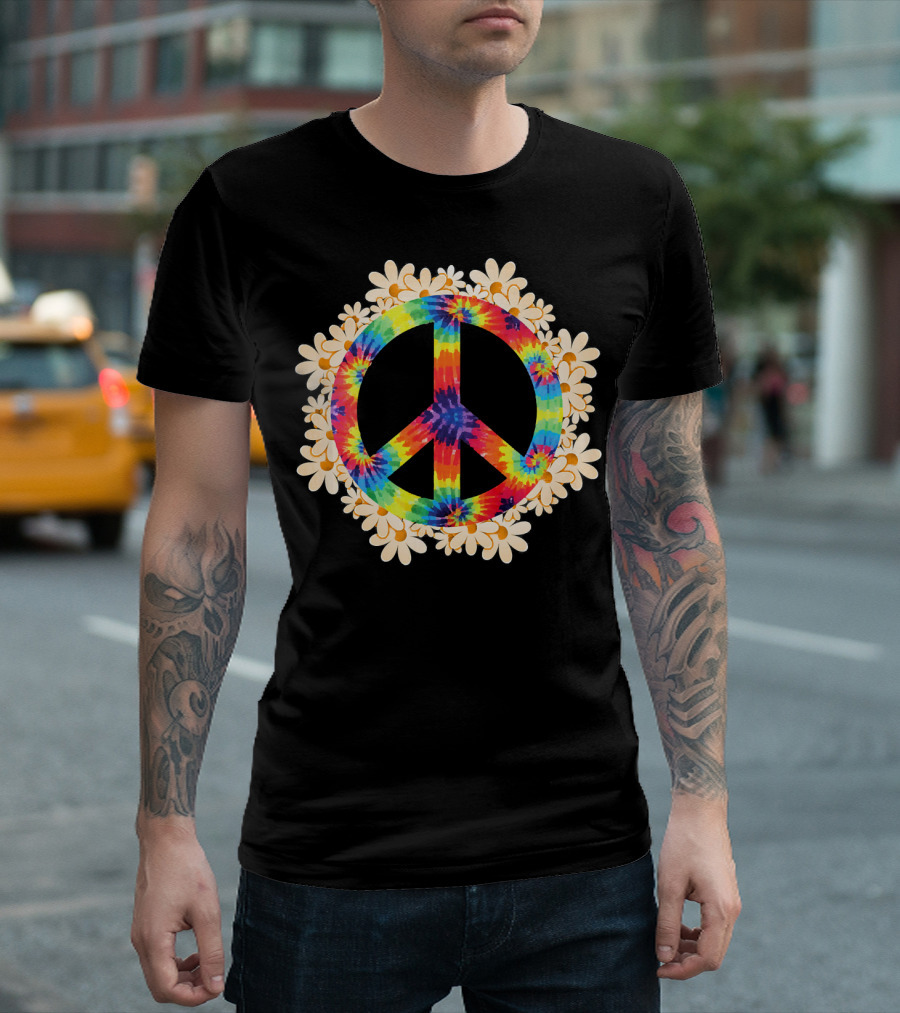 Rainbow Tie-Dye Peace Sign with Daisy Border T-Shirt