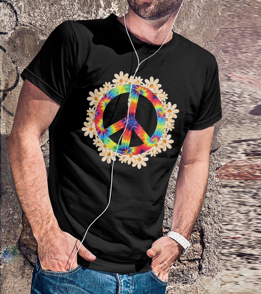 Rainbow Tie-Dye Peace Sign With Daisy Border T-Shirt