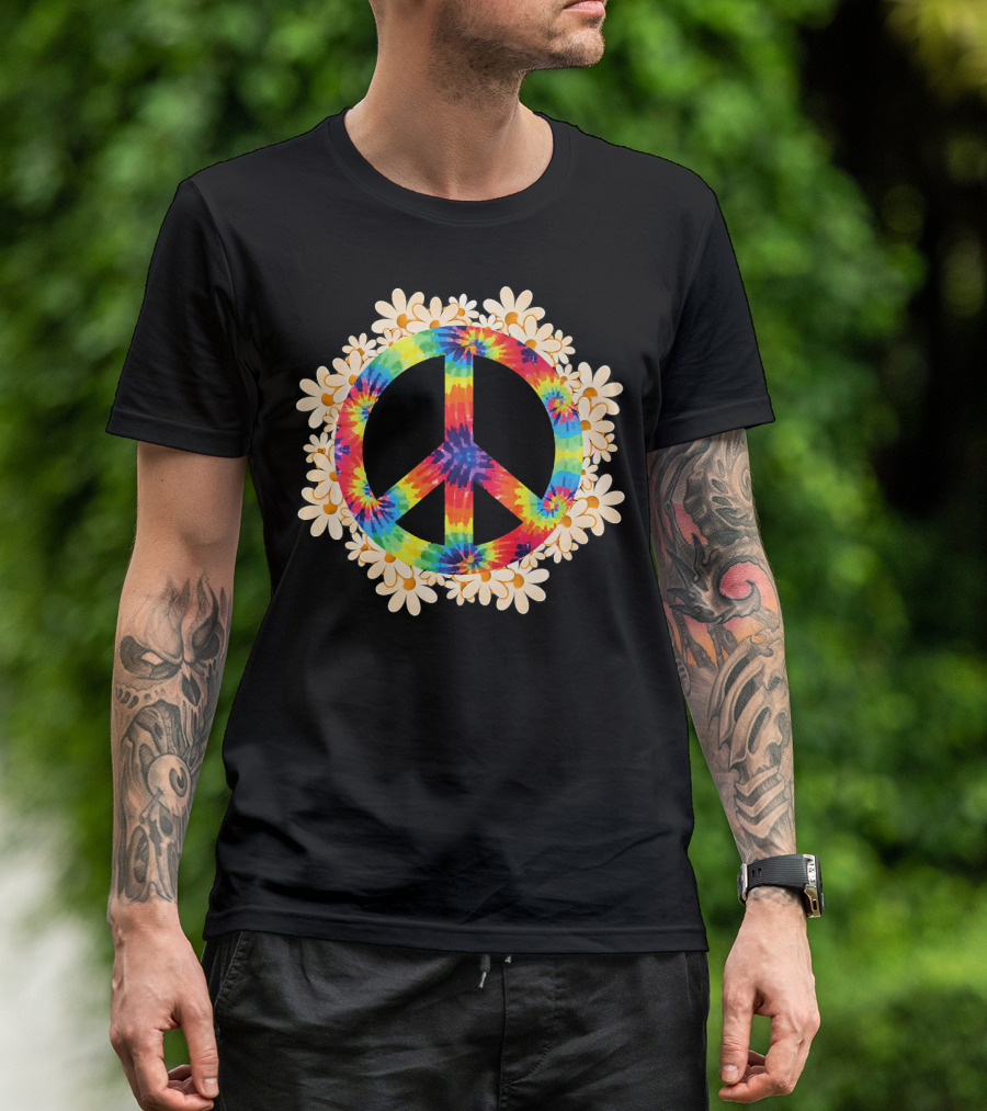 Rainbow Tie-Dye Peace Sign With Daisy Border T-Shirt