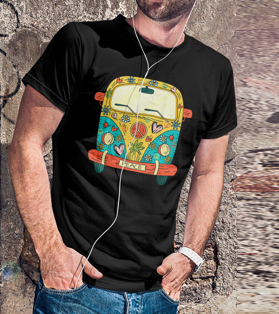 Peace Hippie Van Colorful Flowers And Hearts T-Shirt