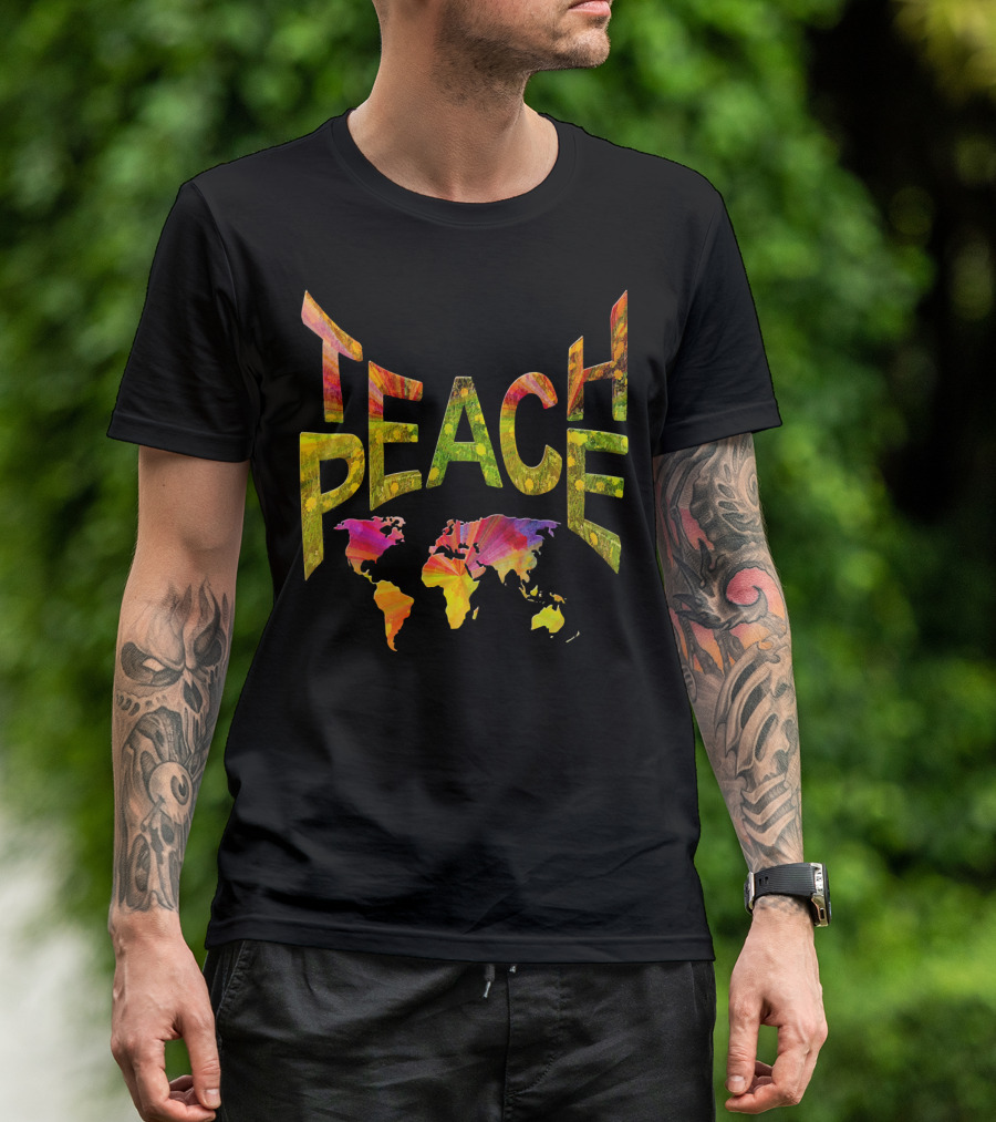 Teach Peace Nadine May World Map Colorful Letters T-Shirt