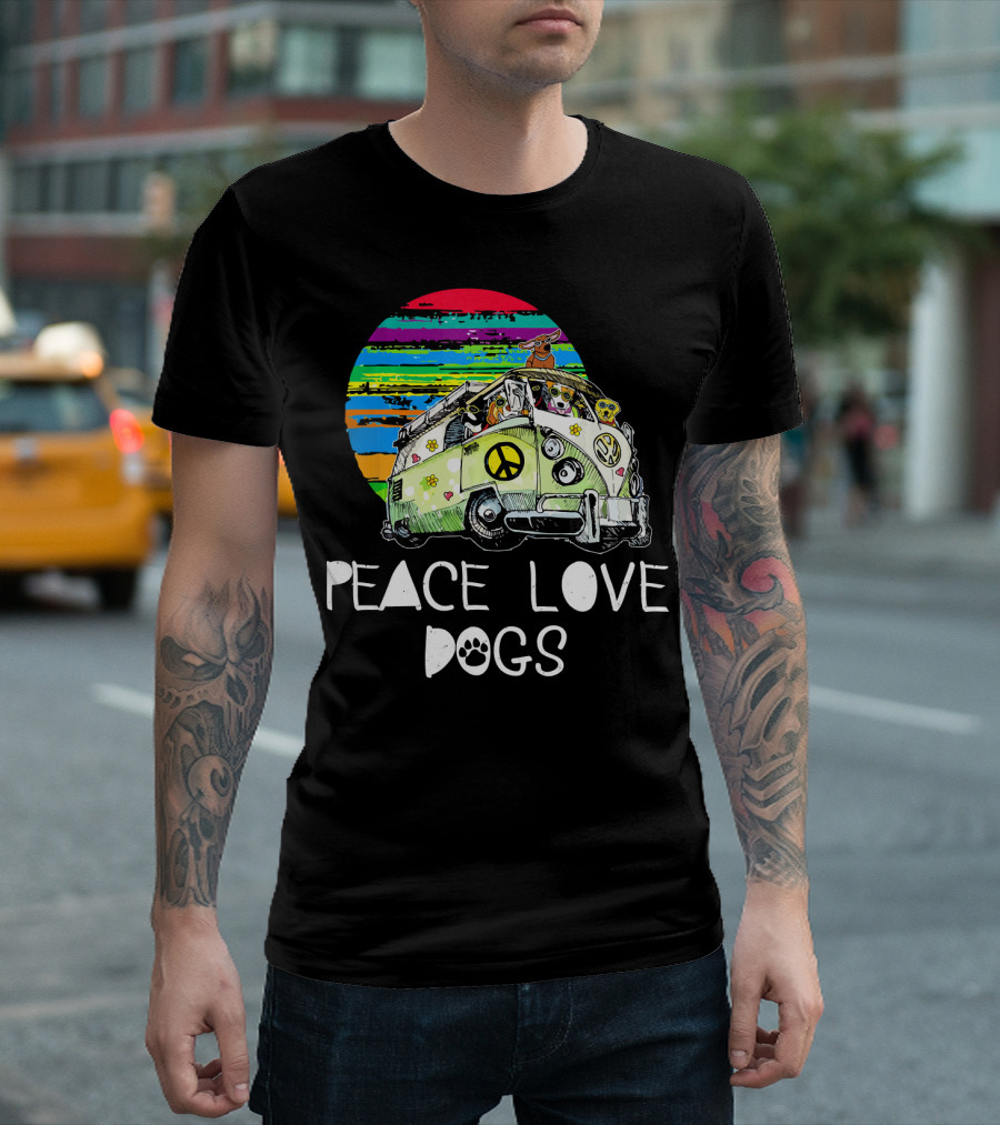 Peace Love Dogs Hippie Van Dog Lovers Vintage Peace Sign Retro Circle T-Shirt