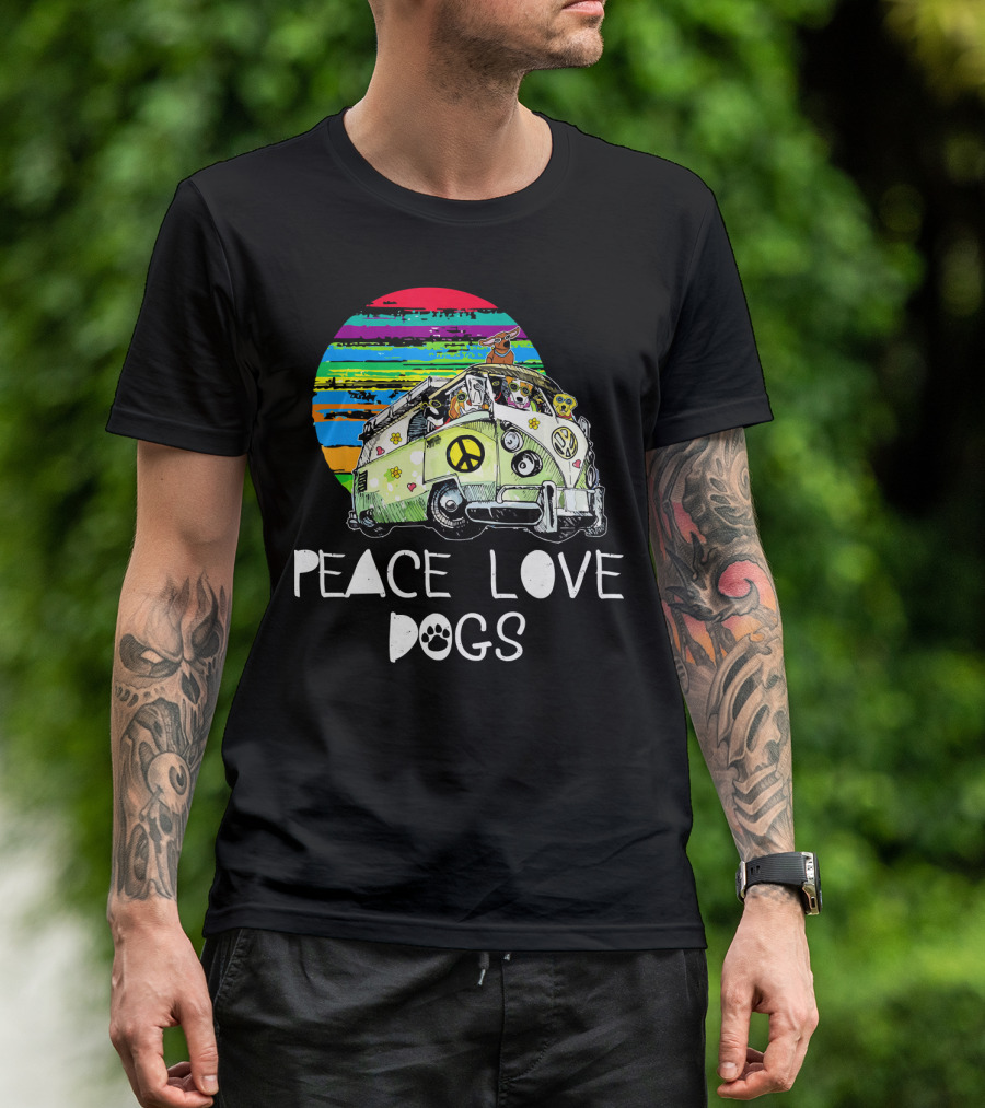 Peace Love Dogs Hippie Van Dog Lovers Vintage Peace Sign Retro Circle T-Shirt