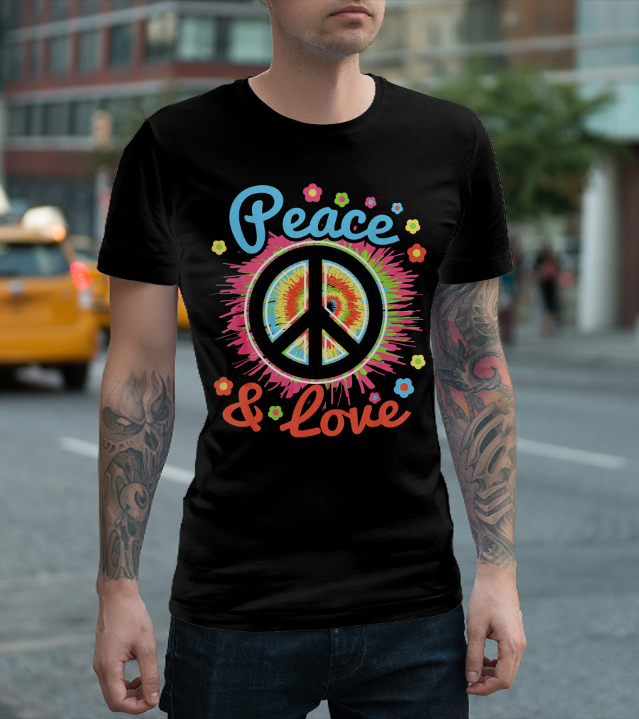 Peace and Love Tie-Dye Peace Sign with Colorful Flowers T-Shirt