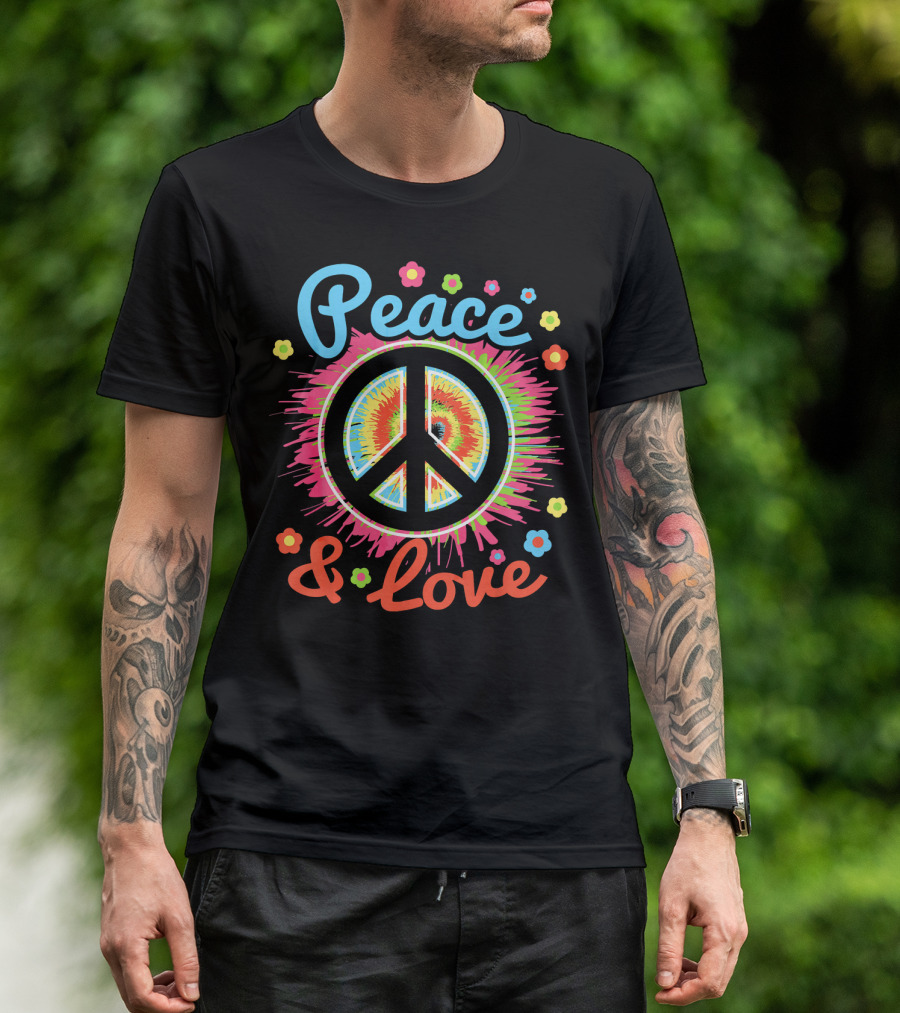 Peace And Love Tie-Dye Peace Sign With Colorful Flowers T-Shirt