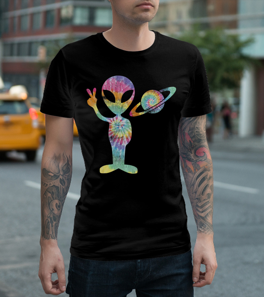 Funny Tie Dye Alien Peace Sign With Planet T-Shirt