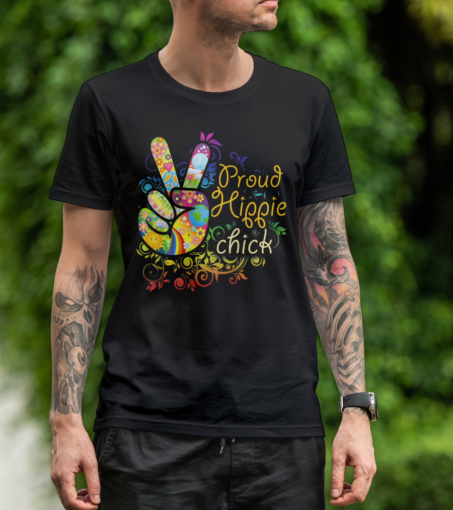 Proud Hippie Chick Peace Sign With Colorful Floral T-Shirt