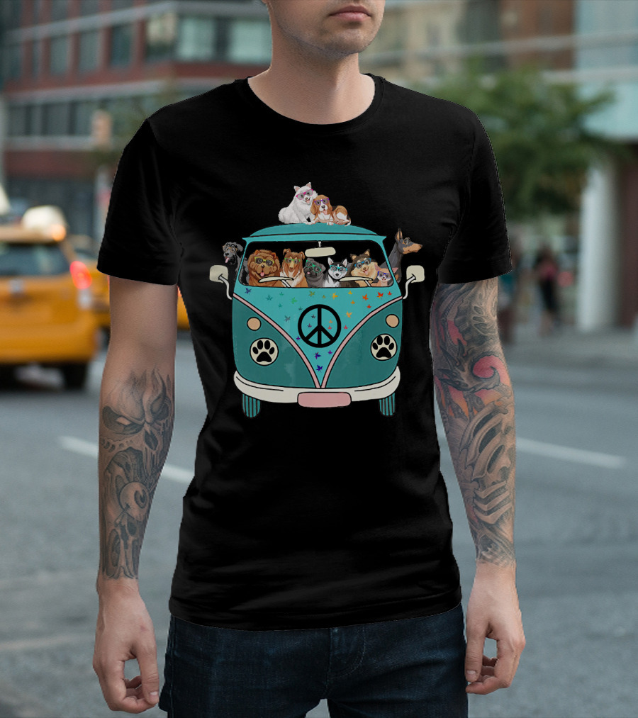Dogs Riding a Peace Sign Paw Print Bus T-Shirt