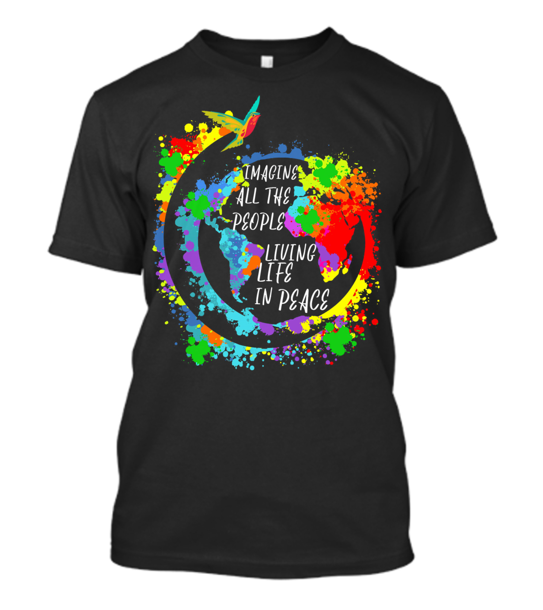 Imagine All The People Living Life In Peace Colorful World Map And Bird T-Shirt