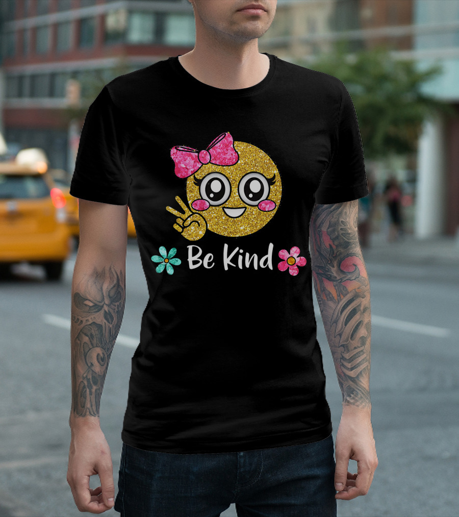 Be Kind Glitter Emoji Kawaii with Pink Bow and Flowers T-Shirt