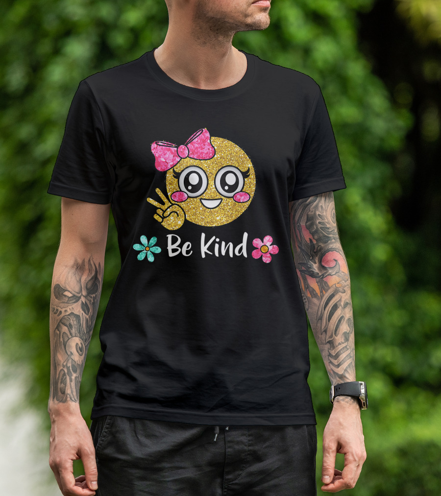 Be Kind Glitter Emoji Kawaii With Pink Bow And Flowers T-Shirt