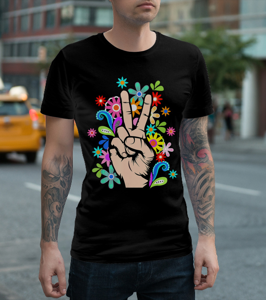Hippie Cool Hand Peace Sign Surrounded By Colorful Flowers T-Shirt