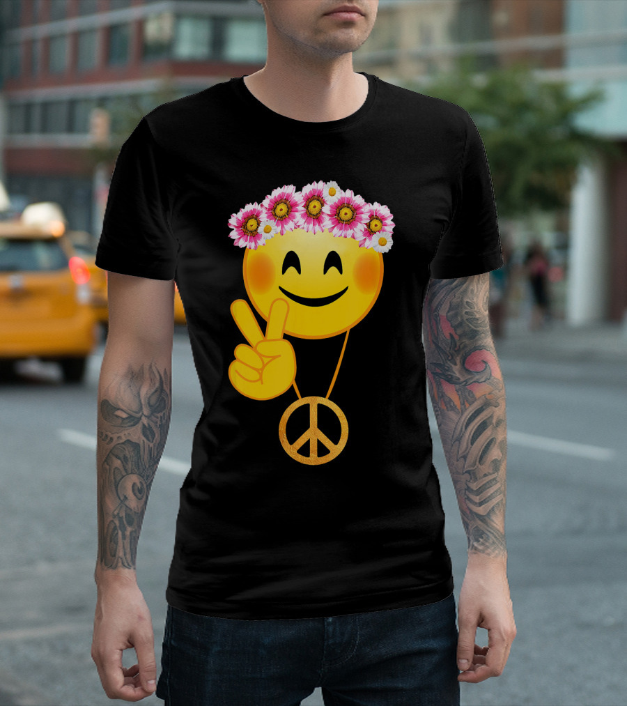 Peace Sign Smiley Face Flower Crown Hippie Necklace T-Shirt