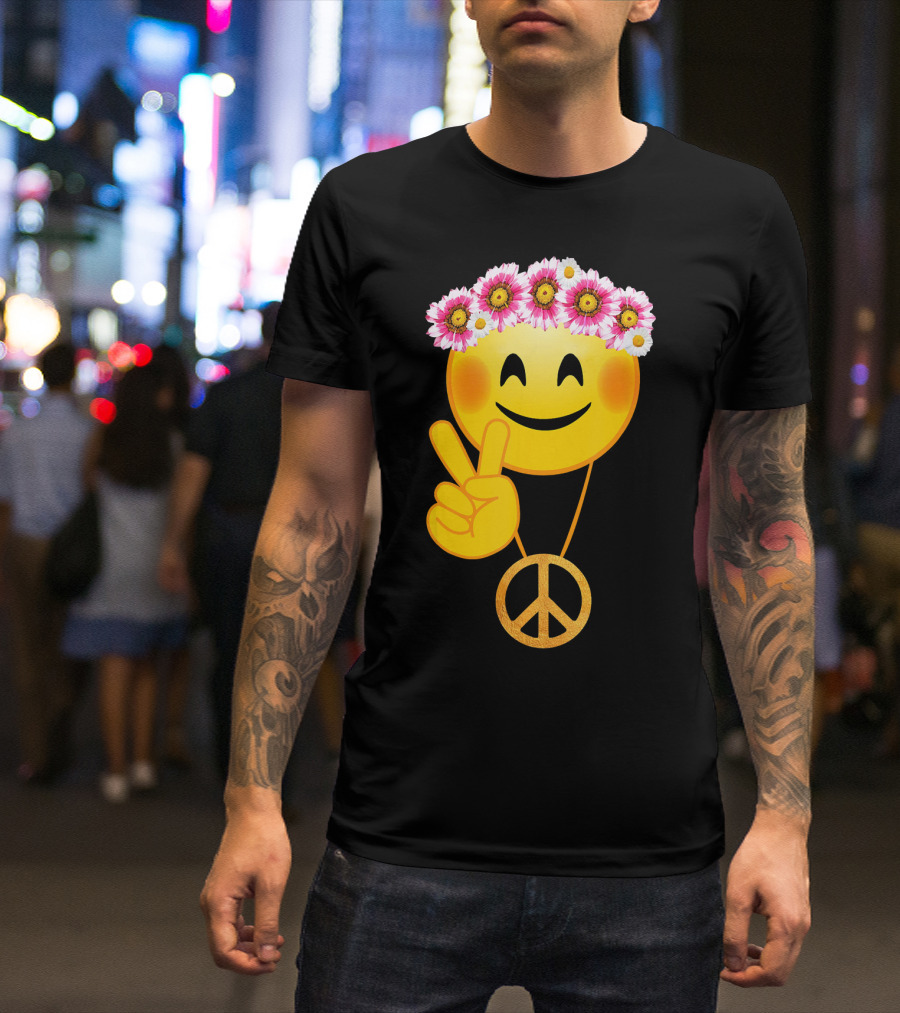 Peace Sign Smiley Face Flower Crown Hippie Necklace T-Shirt