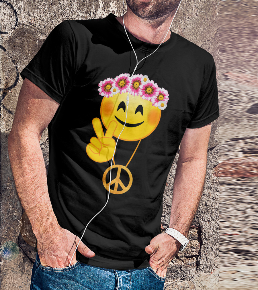 Peace Sign Smiley Face Flower Crown Hippie Necklace T-Shirt