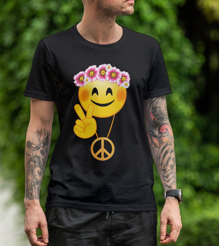Peace Sign Smiley Face Flower Crown Hippie Necklace T-Shirt