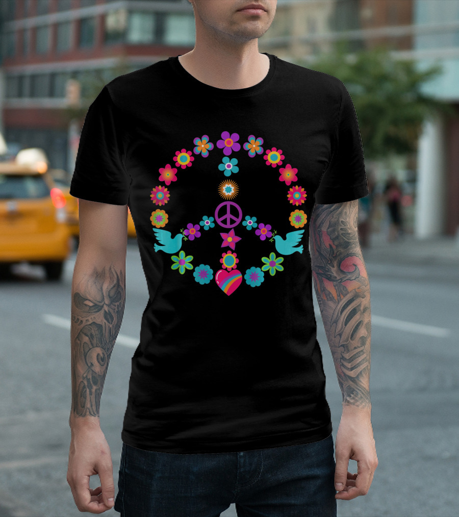 Peace Sign Flowers Dove 60s 70s Heart T-Shirt