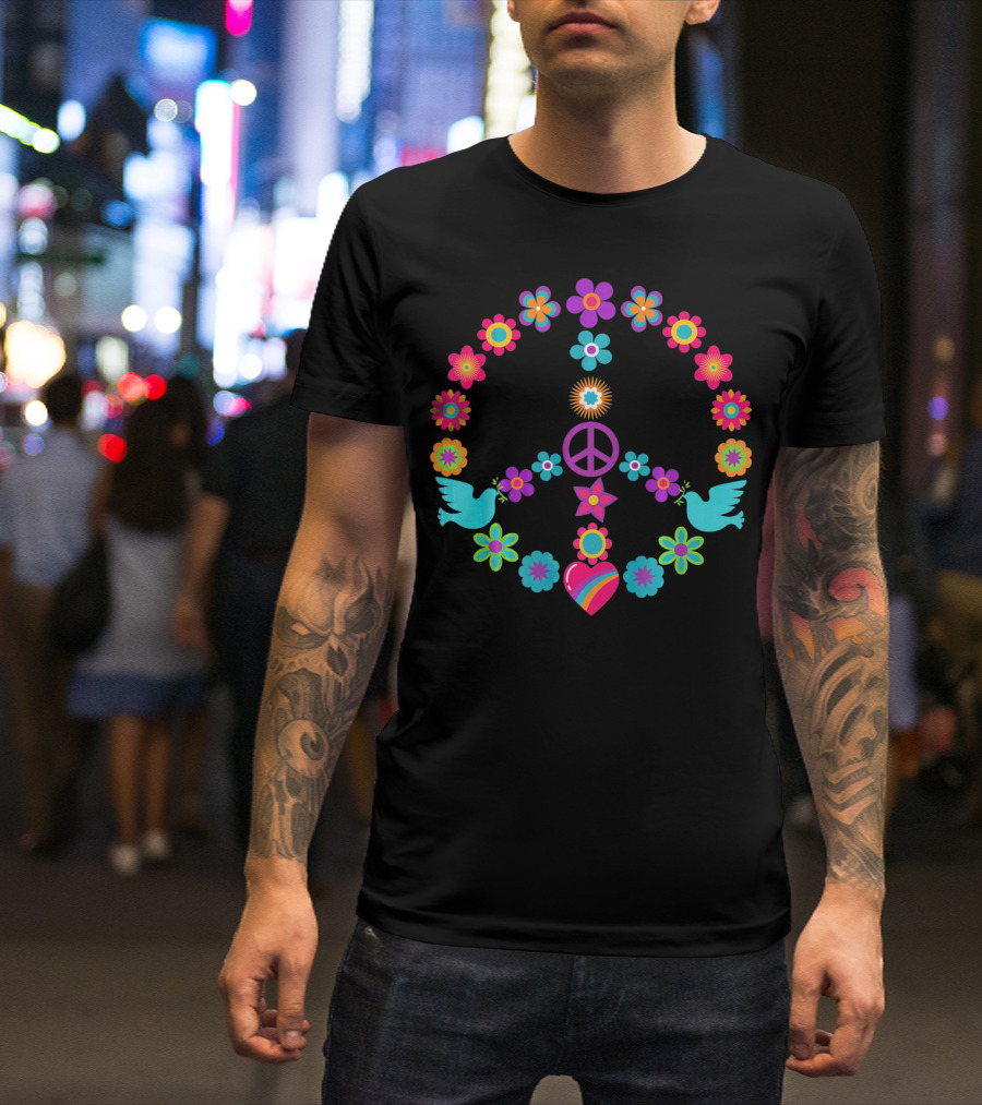 Peace Sign Flowers Dove 60s 70s Heart T-Shirt