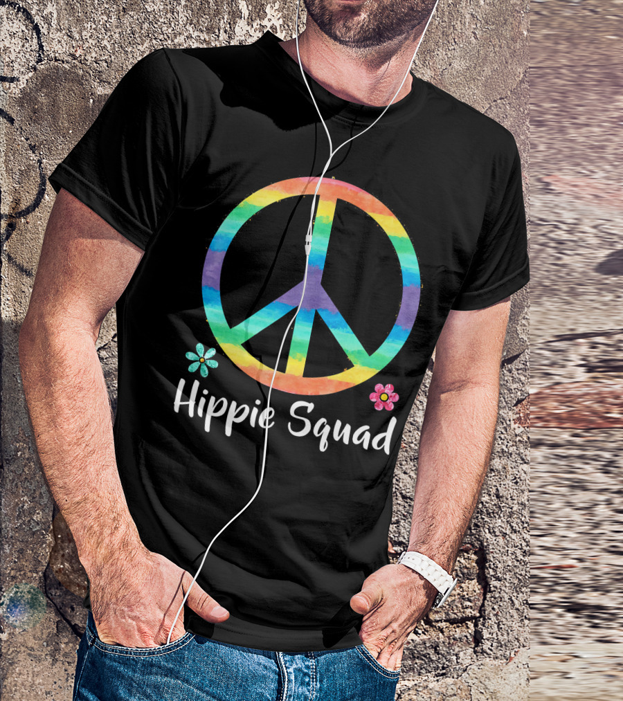 Rainbow Peace Sign Hippie Squad Flowers T-Shirt
