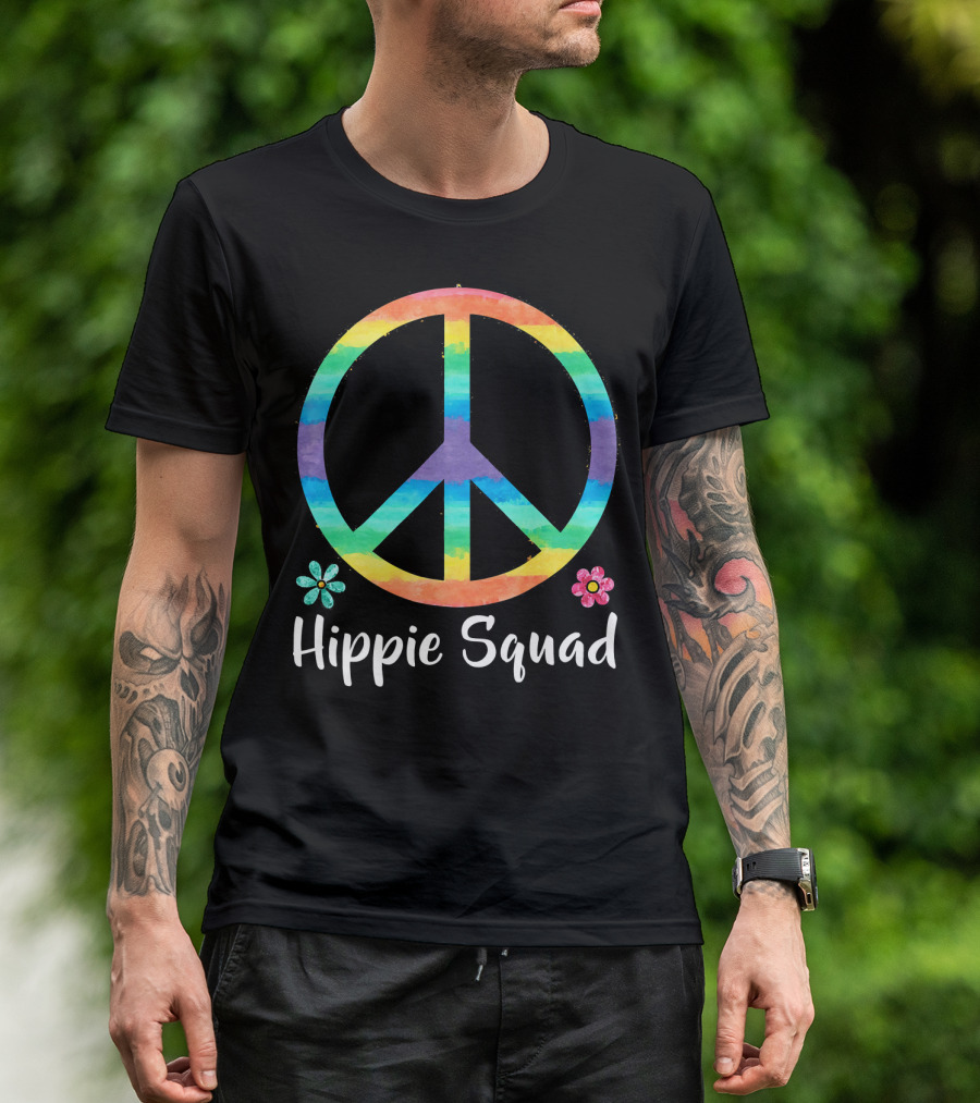 Rainbow Peace Sign Hippie Squad Flowers T-Shirt