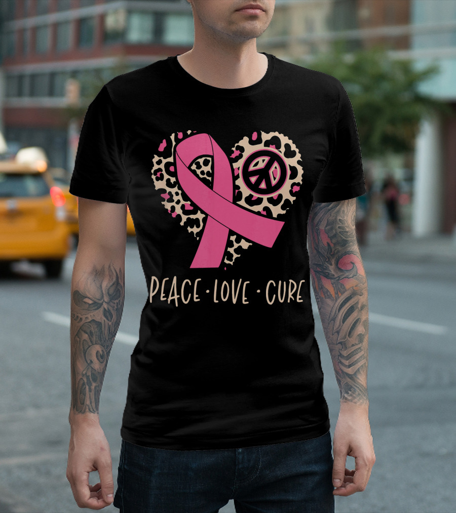 Peace Love Cure Pink Ribbon Leopard Breast Cancer Awareness T-Shirt