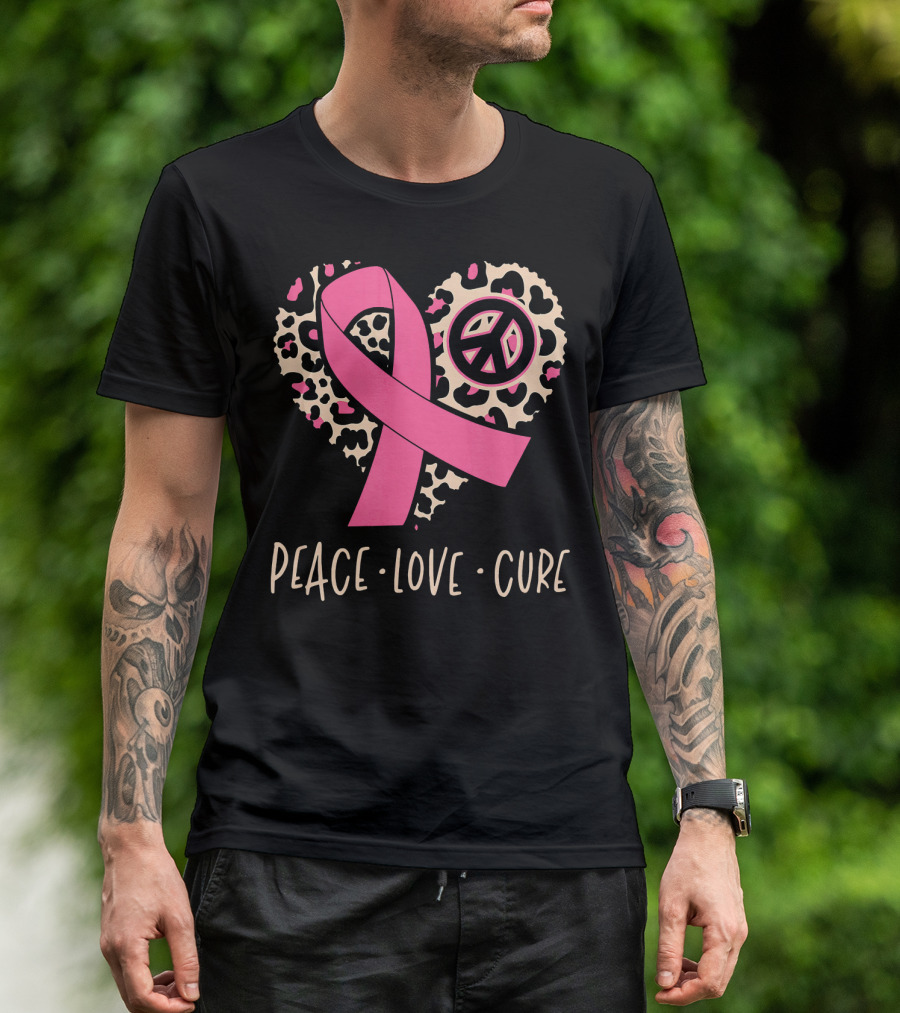 Peace Love Cure Pink Ribbon Leopard Breast Cancer Awareness T-Shirt