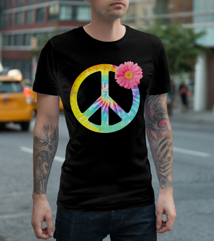 Boho Tie Dye Peace Sign with Pink Flower T-Shirt