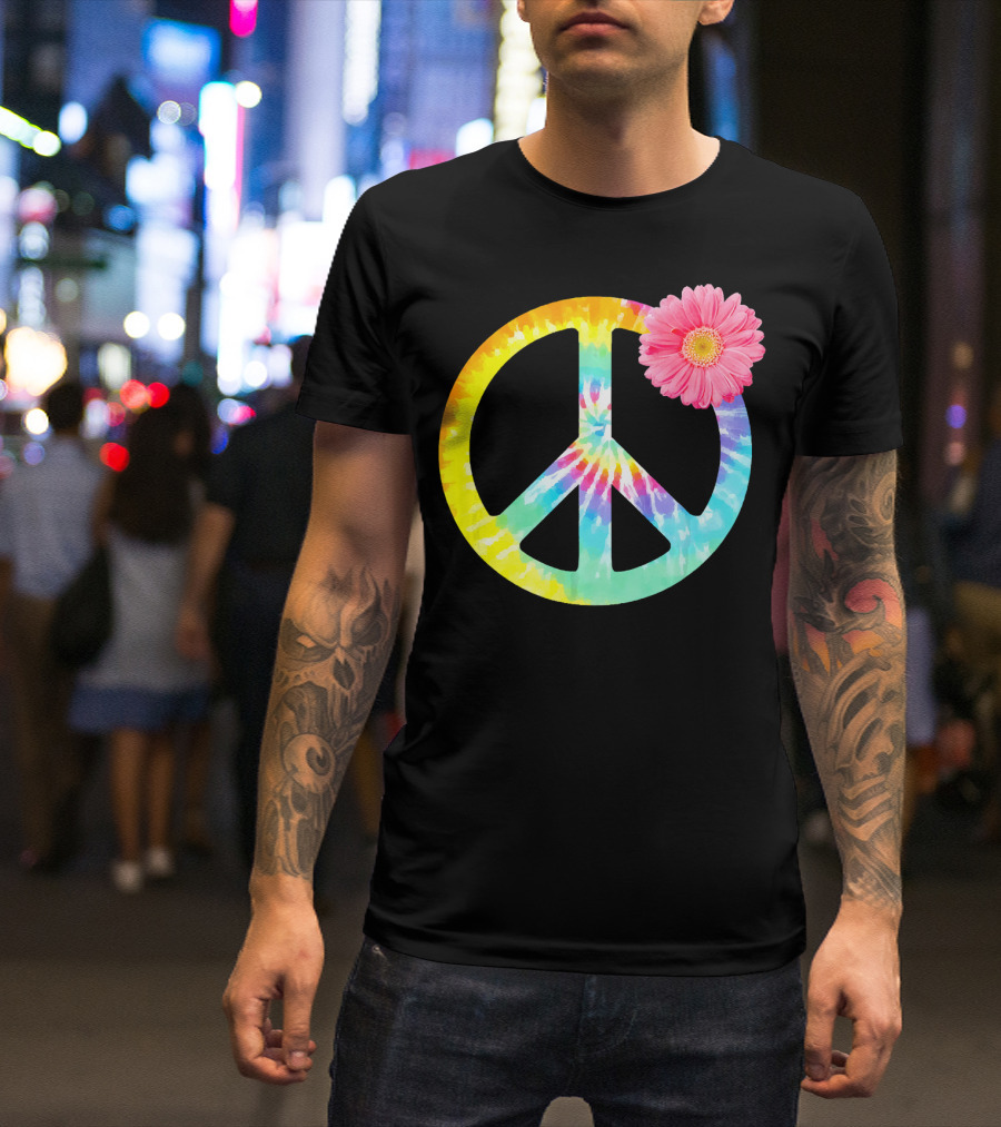 Boho Tie Dye Peace Sign With Pink Flower T-Shirt