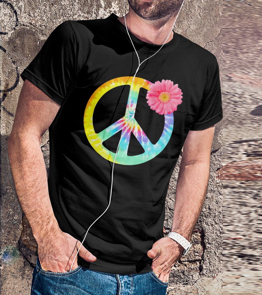 Boho Tie Dye Peace Sign With Pink Flower T-Shirt