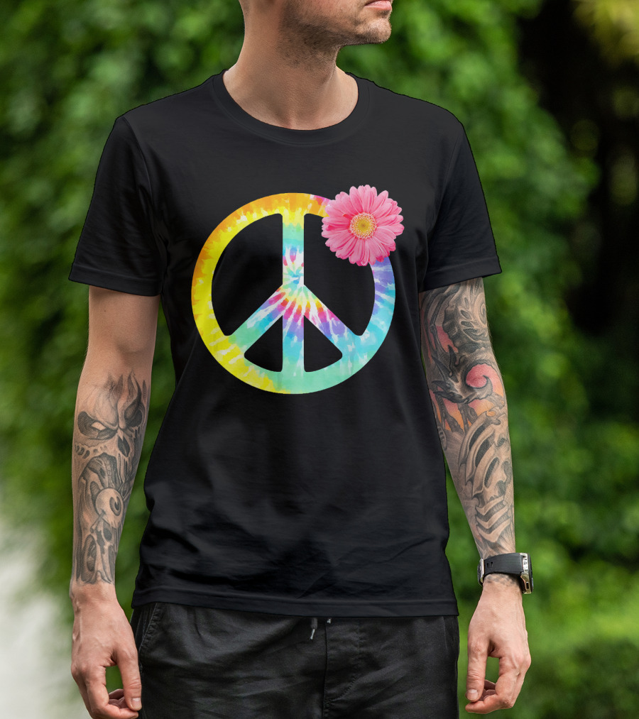 Boho Tie Dye Peace Sign With Pink Flower T-Shirt