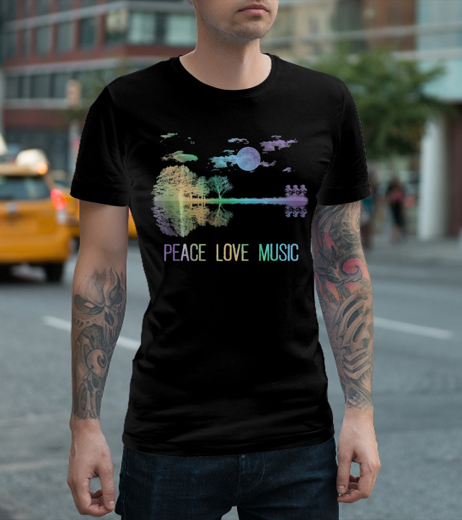Peace Love Music Guitar Moon Lake Shadow Hippie T-Shirt