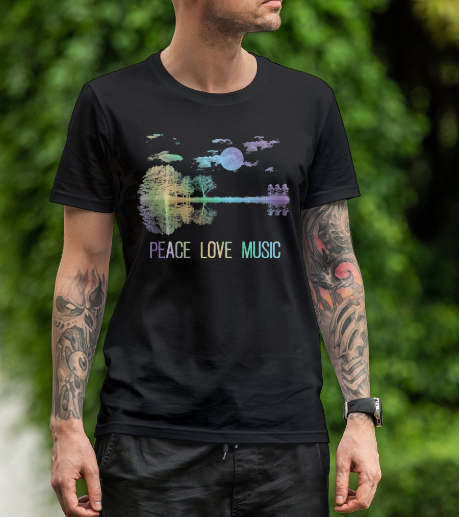 Peace Love Music Guitar Moon Lake Shadow Hippie T-Shirt