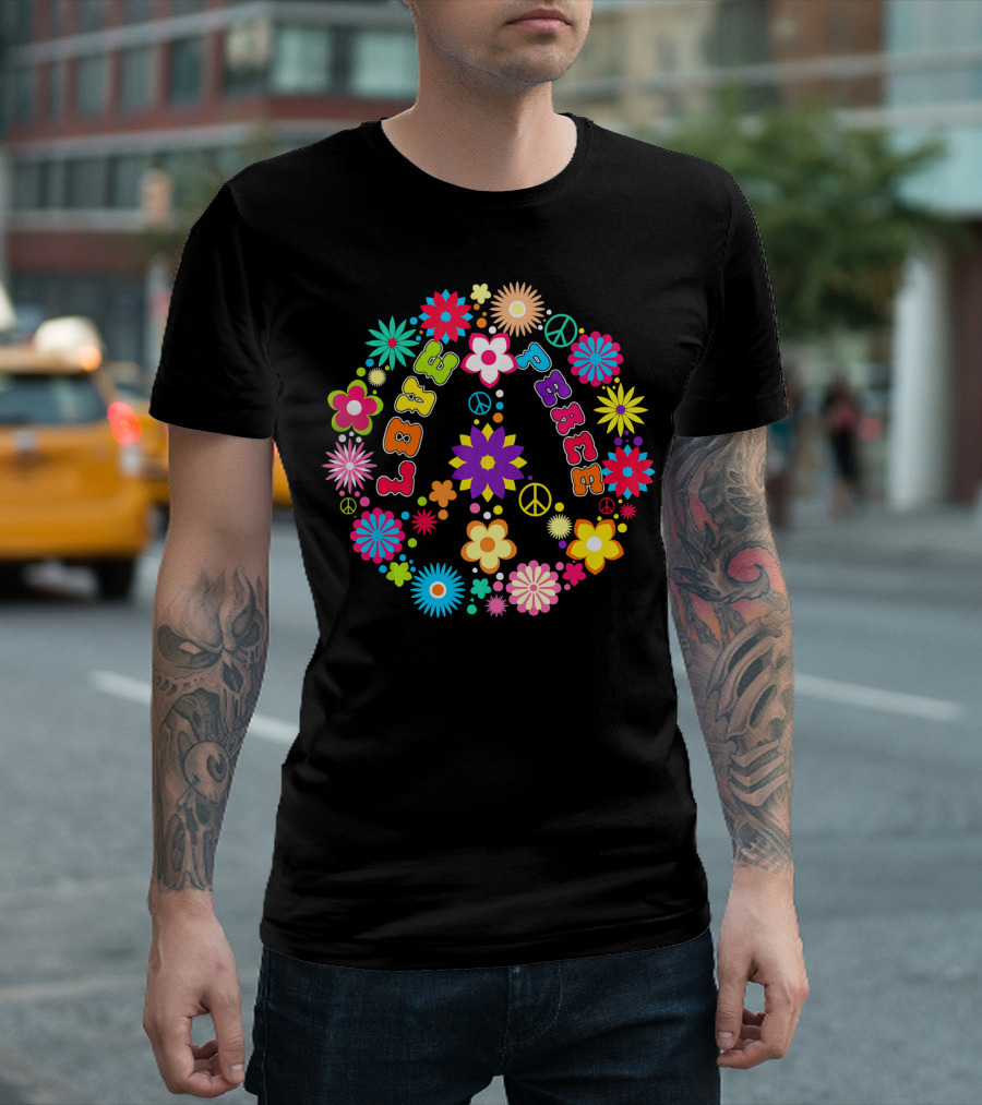 Peace Love Sign Hippie Flowers 60s 70s Groovy Floral Vibes T-Shirt