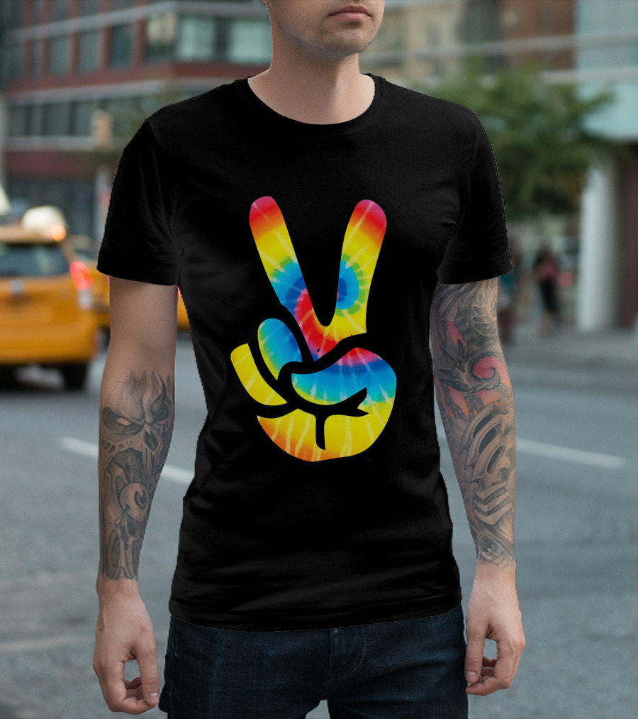 Tie Dye Peace Sign Hand V Symbol Rainbow Psychedelic T-Shirt